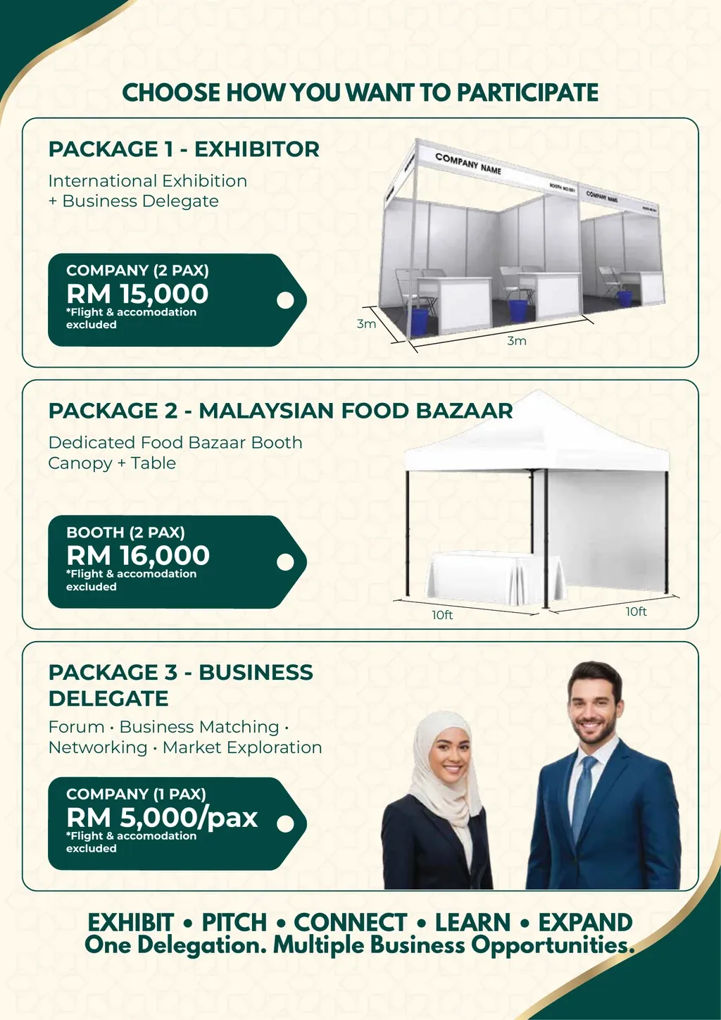 Helaian pakej DIHEX 2026. Pakej 1 Exhibitor — pameran antarabangsa dan delegasi perniagaan, booth 3 meter kali 3 meter, RM15,000 bagi satu syarikat dua orang. Pakej 2 Bazar Makanan Malaysia — booth kanopi 10 kaki kali 10 kaki dengan meja, RM16,000 bagi satu booth dua orang. Pakej 3 Delegasi Perniagaan — forum, padanan perniagaan, jaringan dan tinjauan pasaran, RM5,000 seorang. Semua harga tidak termasuk penerbangan dan penginapan.